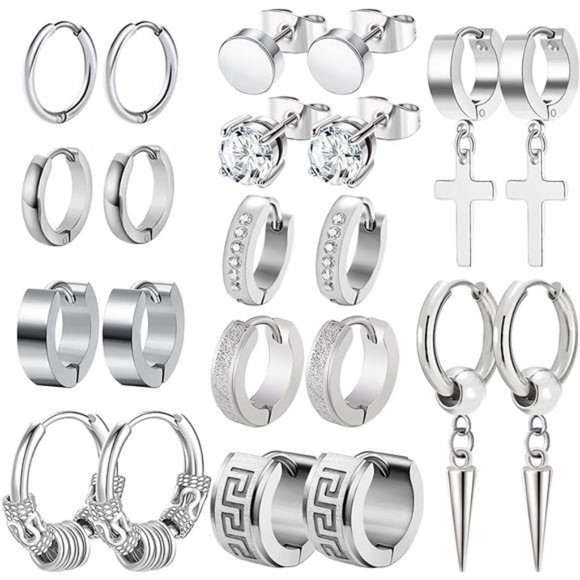 Mens Earrings 11 Pairs Stainless Steel Small Hoop Earrings Cross Dangle Men Gift - Picture 1 of 5
